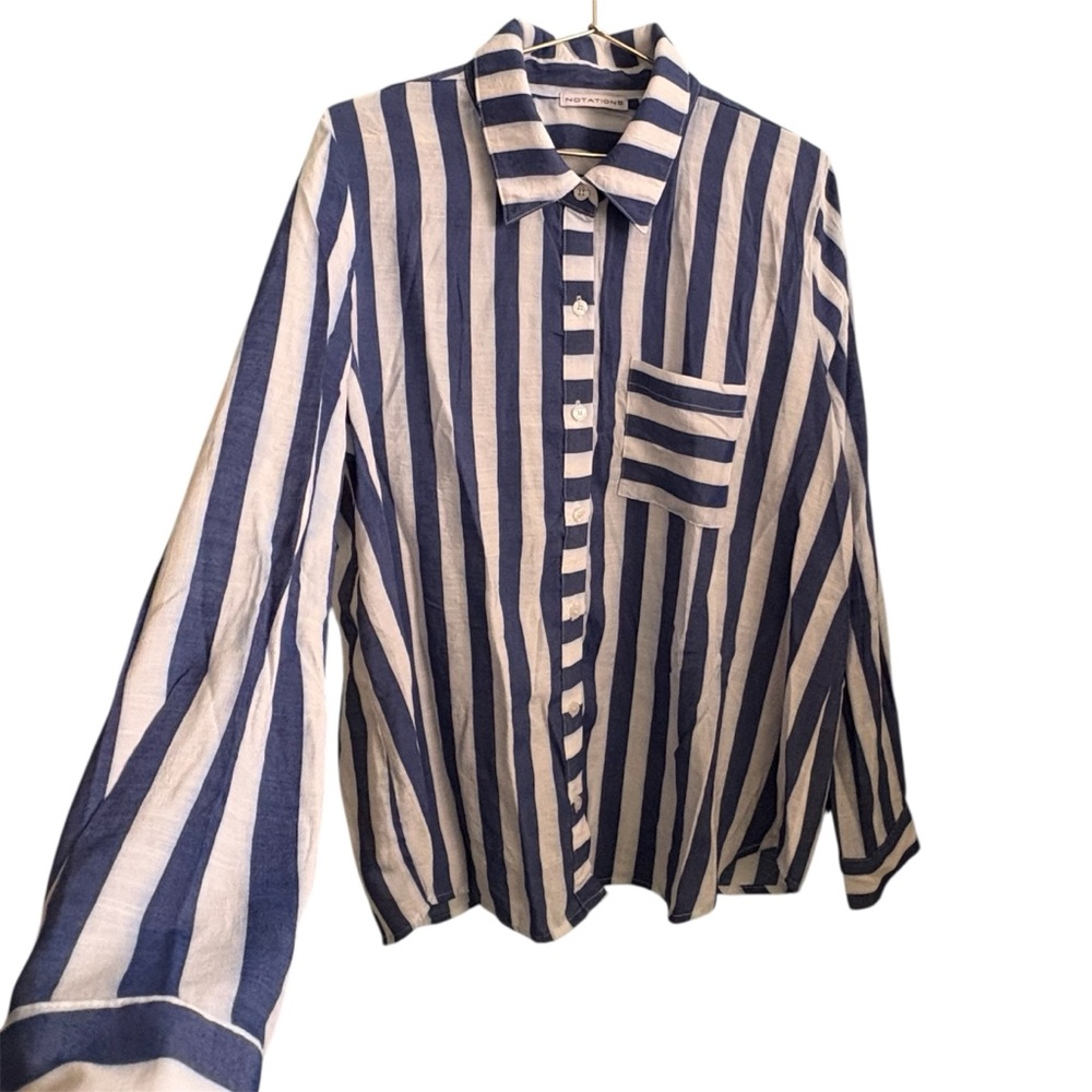 Notations Petite Navy and White Striped Long Sleeve Button Down Top